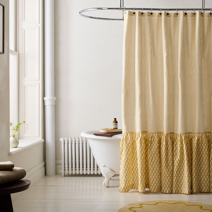 Pottery Barn Flax Linen Ruffle discount Shower Curtain