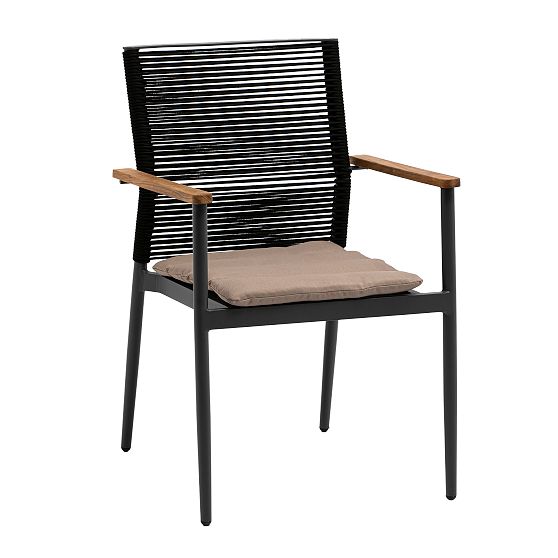 Black Rope-Wrapped Outdoor Dining Chair with Teak Armrests