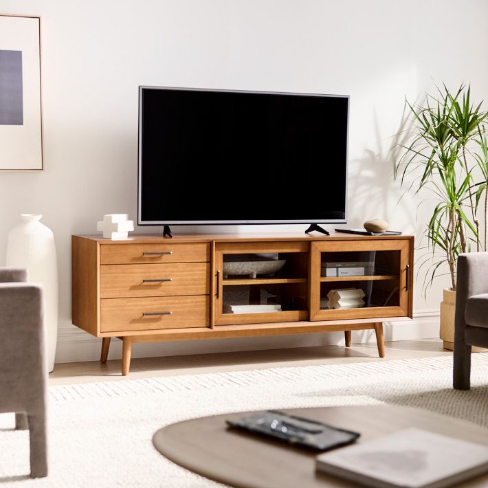 Mid Century Glass Media Console 72 80 West Elm