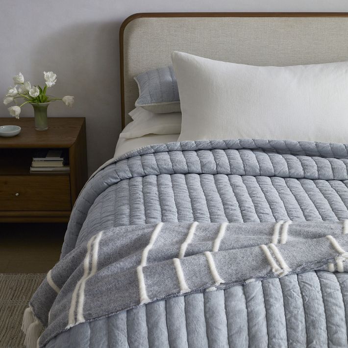 European Flax Linen Cotton Pick Stitch Quilt - Full/Queen - Arctic Blue