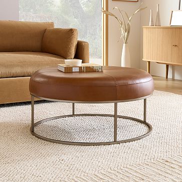 Box Frame Round 20 Bench Poly Vegan Leather Brown Saddle Burnished Bronze West Elm