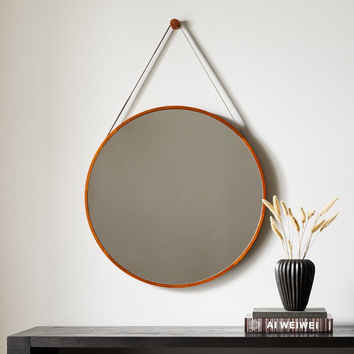 Modern Hanging Round Wall Mirror w Leather Strap West Elm