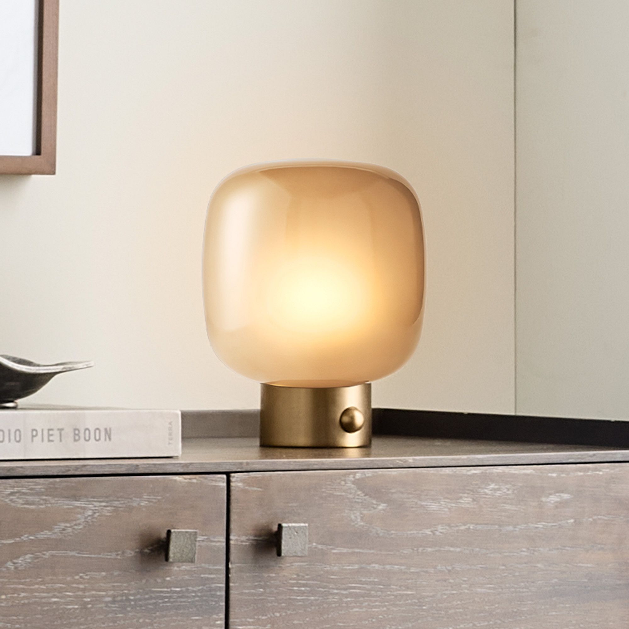 Lucca Table Lamp (11") - Champagne Bronze & Beige Glass