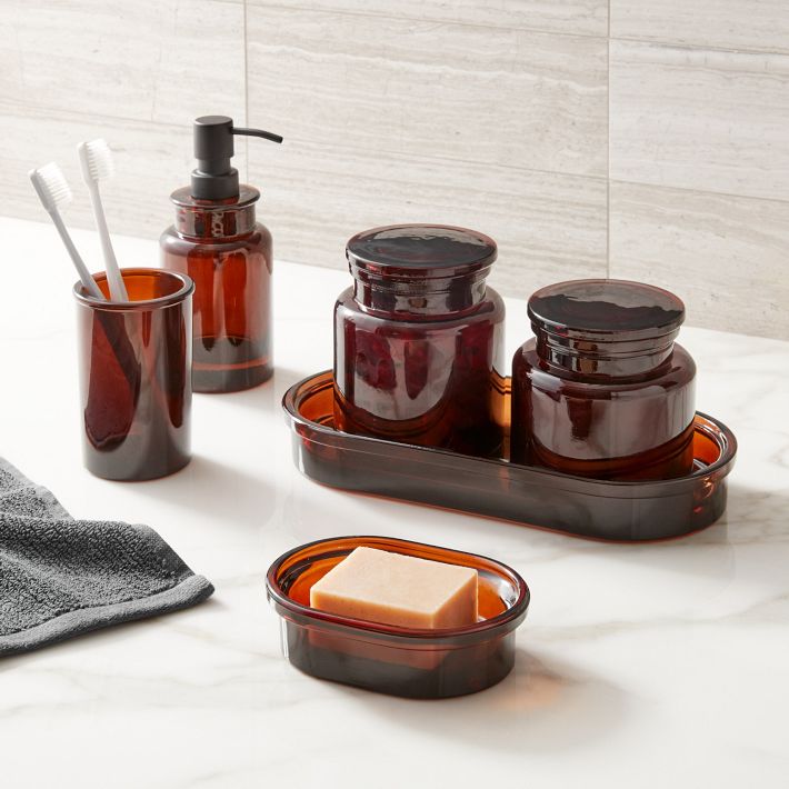 Set of 5 - Soap Pump, Toothbrush Holder, Small Canister, Large Canister, Tank Tray (Amber)