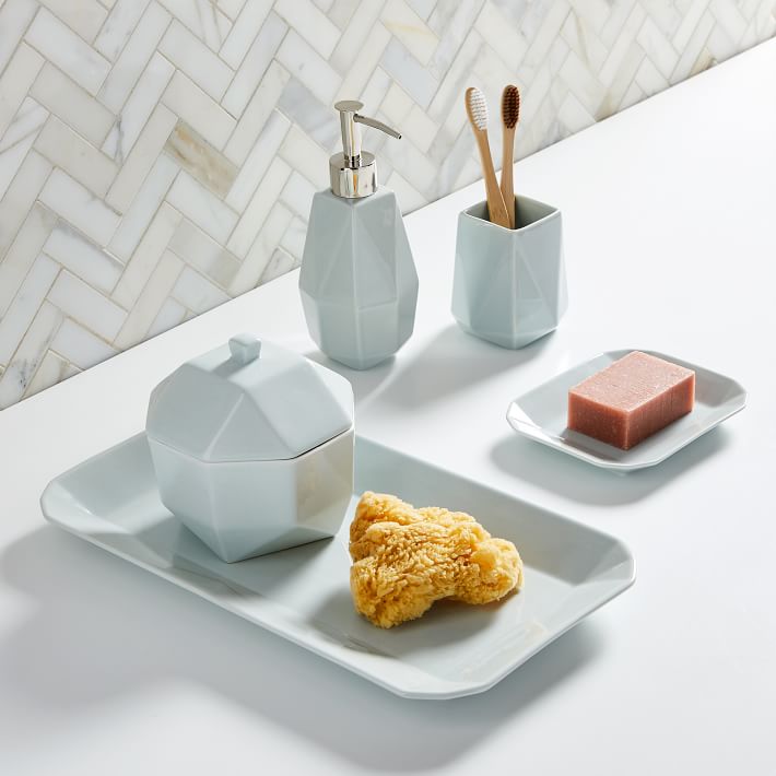 Faceted Porcelain Bath Accessories - Sea Salt Blue