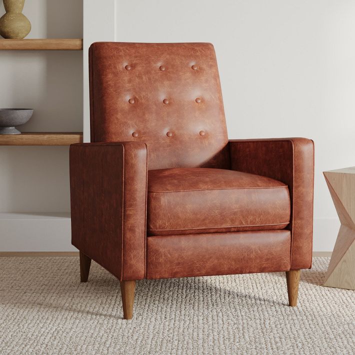 Rhys Midcentury Recliner Poly Sierra Leather White Snow Pecan West Elm
