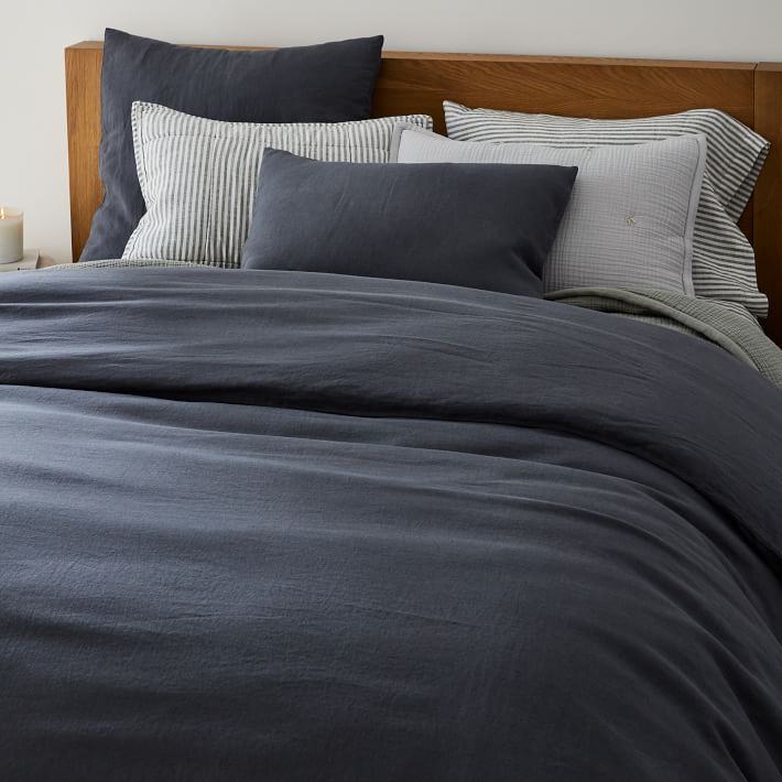 European Flax Linen Duvet Cover & Shams, Graphite, Queen
