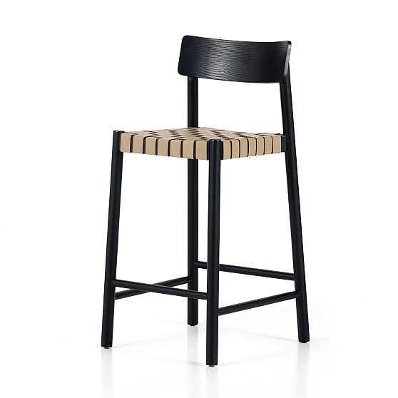 Black Ash Wood Counter Stool with Woven Leather Seat