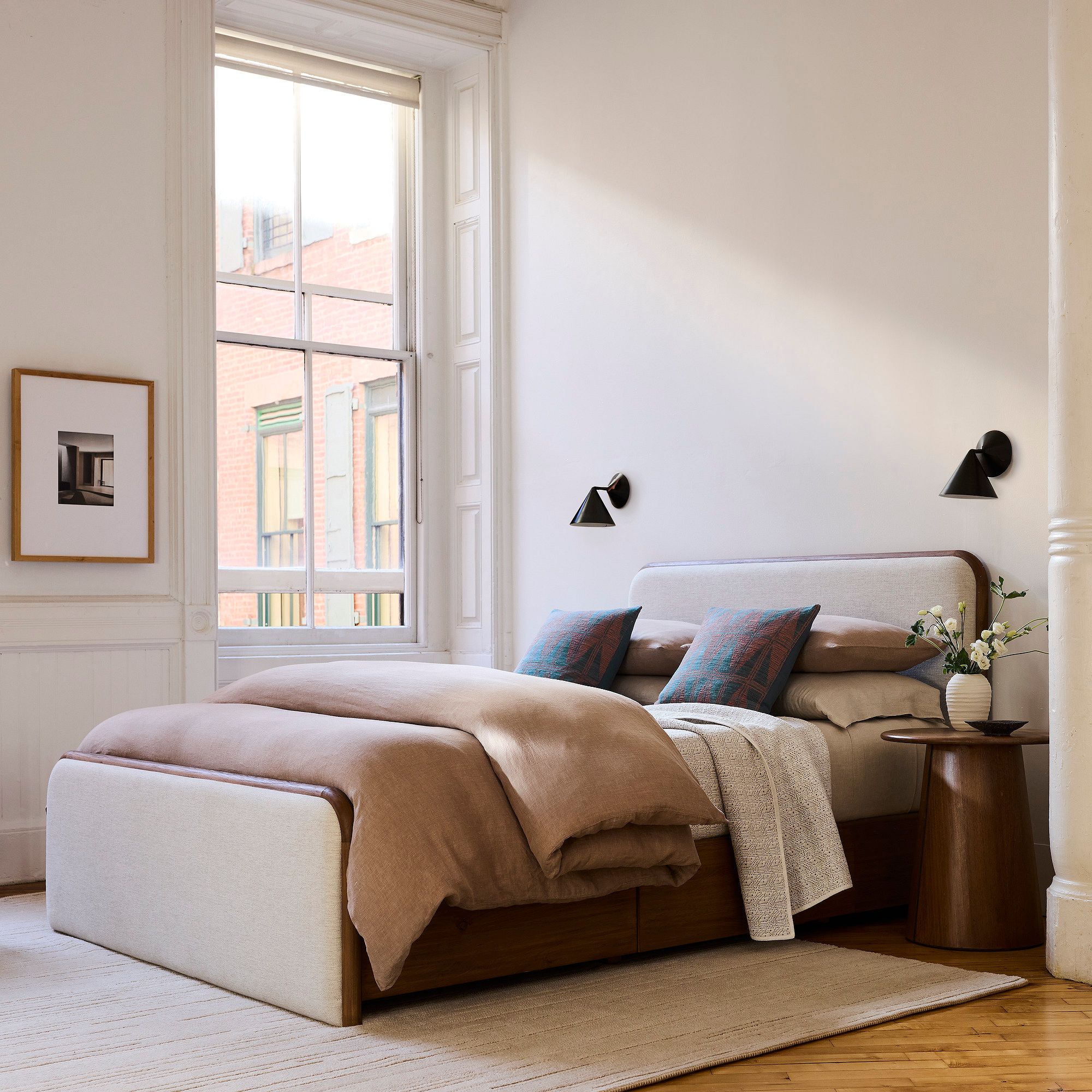 Miles Wood & Upholstered Storage Bed - Sand Twill