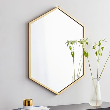 Metal Framed Hexagon Wall Mirror, Antique Brass, 24&quot;Wx34&quot;H