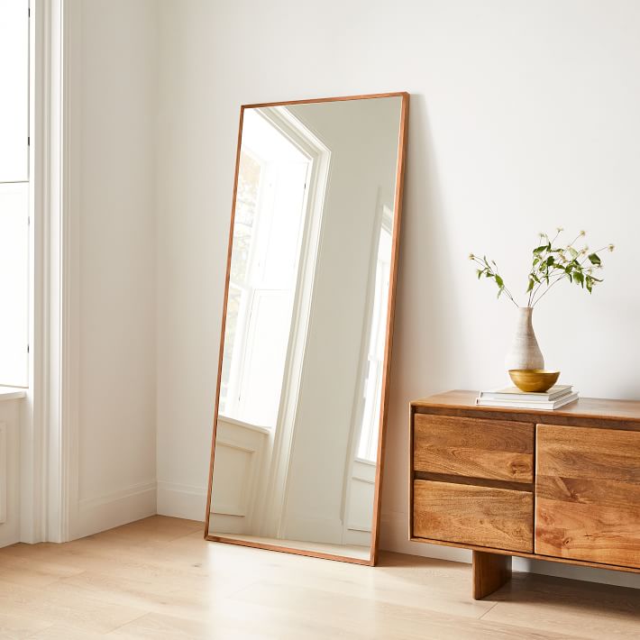 Thin Wood Floor Mirror - "Wheat" Wood Finish