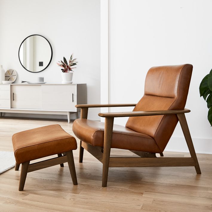 Mid-Century Show Wood High-Back Leather Chair &amp; Ottoman Set