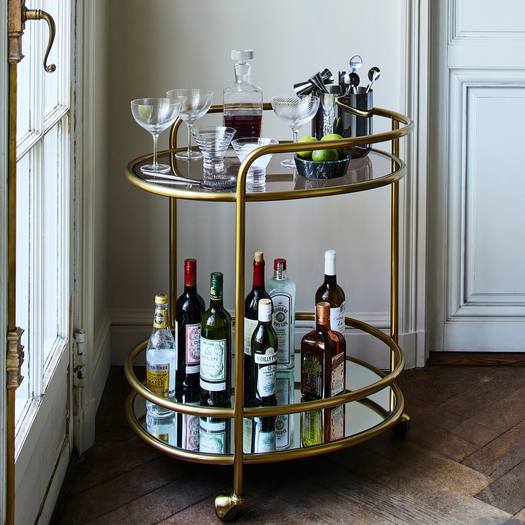 Albee Bar Cart - Antique Brass & Glass Shelves