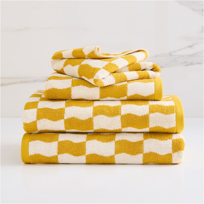 Yellow Wavy Blocks Cotton Towels (2 x Yellow Bath Towel)