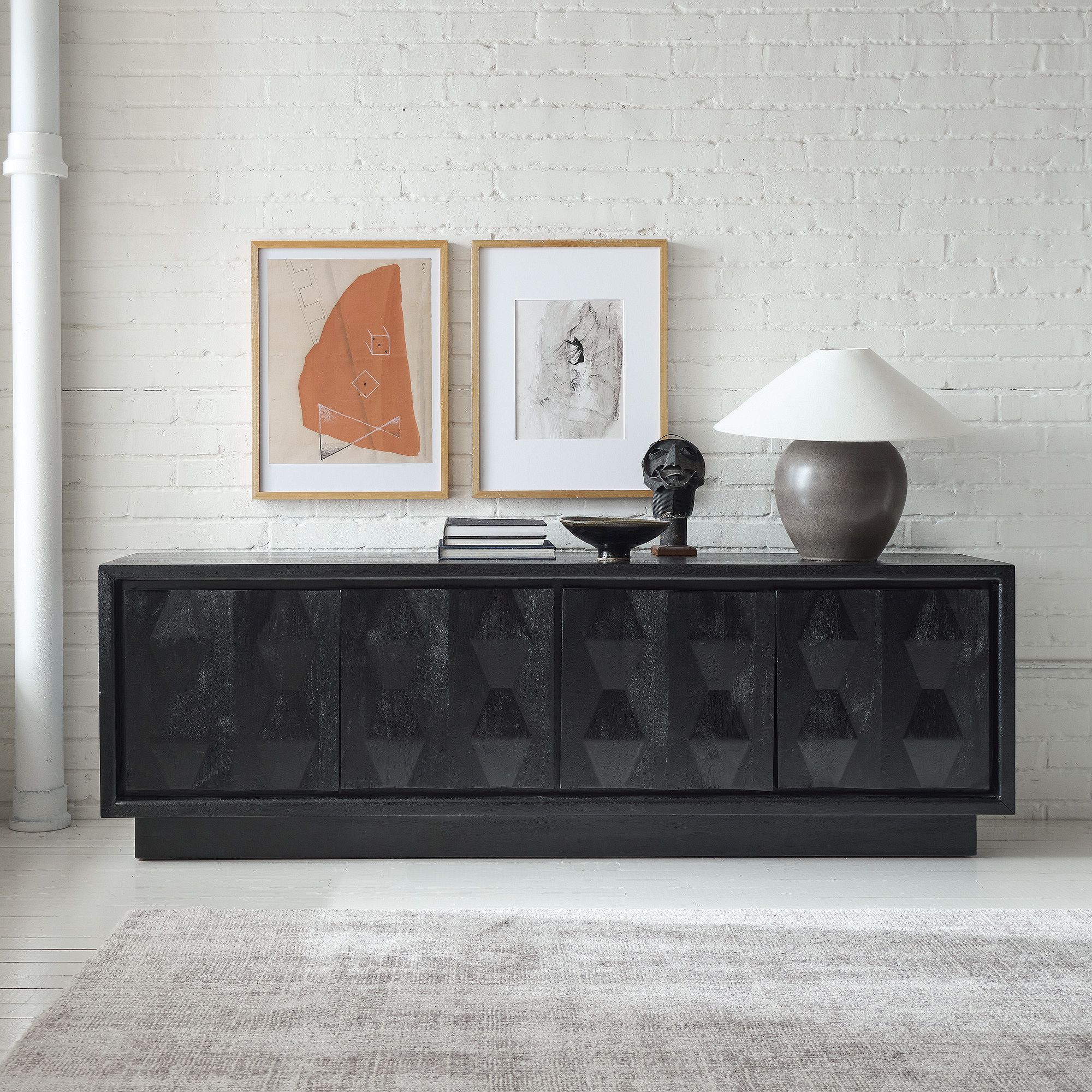Carved Pattern Media Console 60-80" - Black & Burnt Wax
