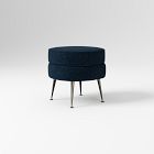 Pietro Mid-Century Ottoman, Small Round, Poly, Performance Distressed Velvet, Ink Blue, Brass