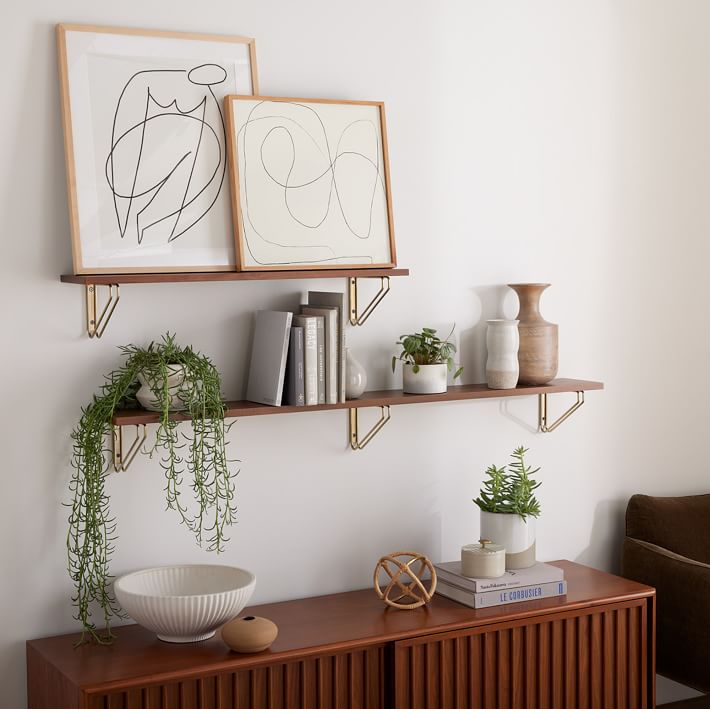 Linear Cool Walnut Wood Wall Shelves with Parallel Brackets