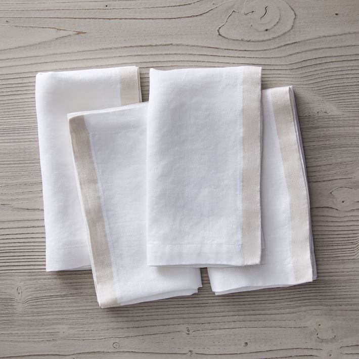 European Linen Contrast Border Napkins (Set of 4) - White