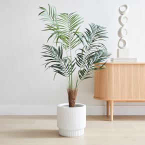Faux Fan Palm Tree & Fluted White Ceramic Indoor/Outdoor Floor Planter Set