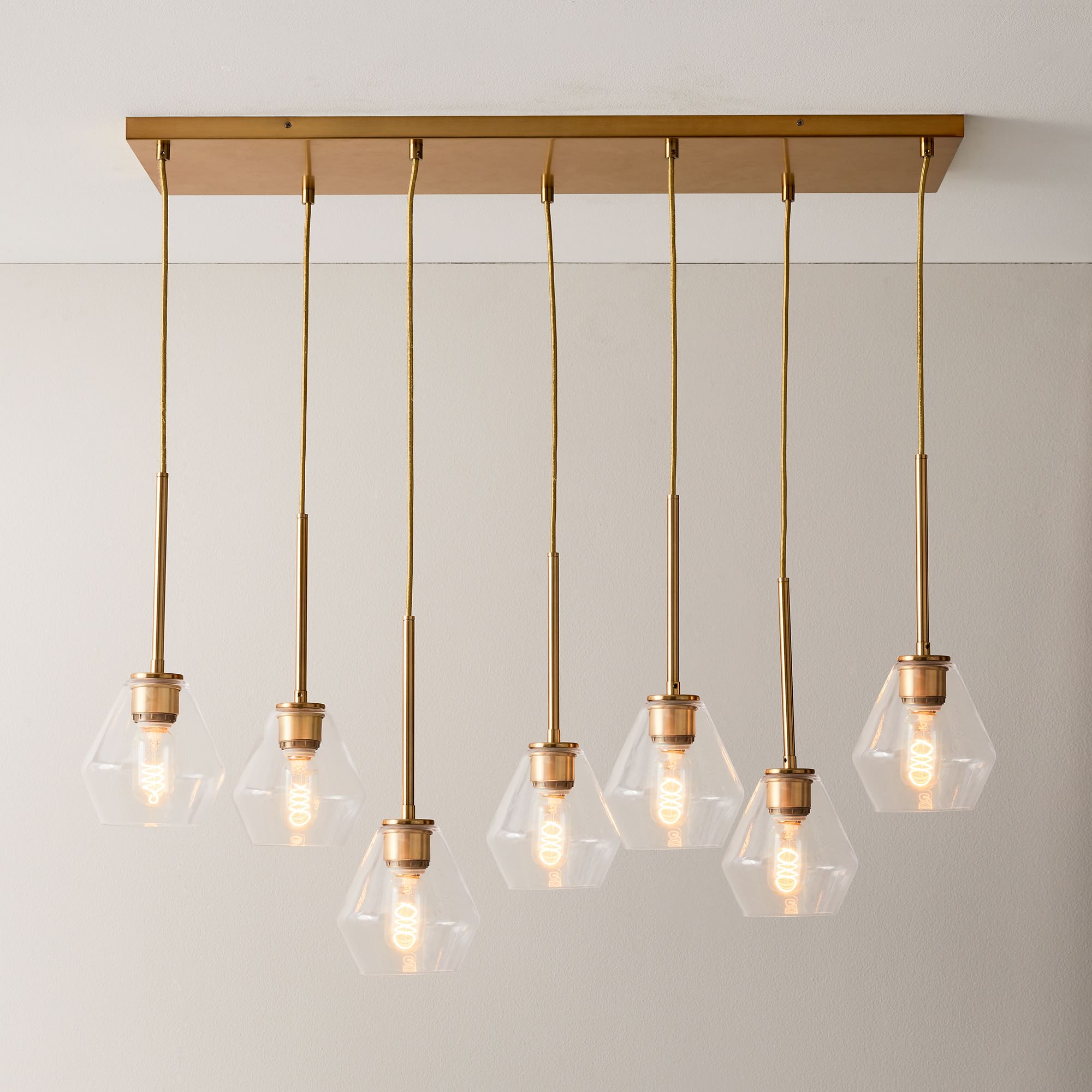 Sculptural 7 Light Chandelier Antique Brass Clear Glass Geo  (7")