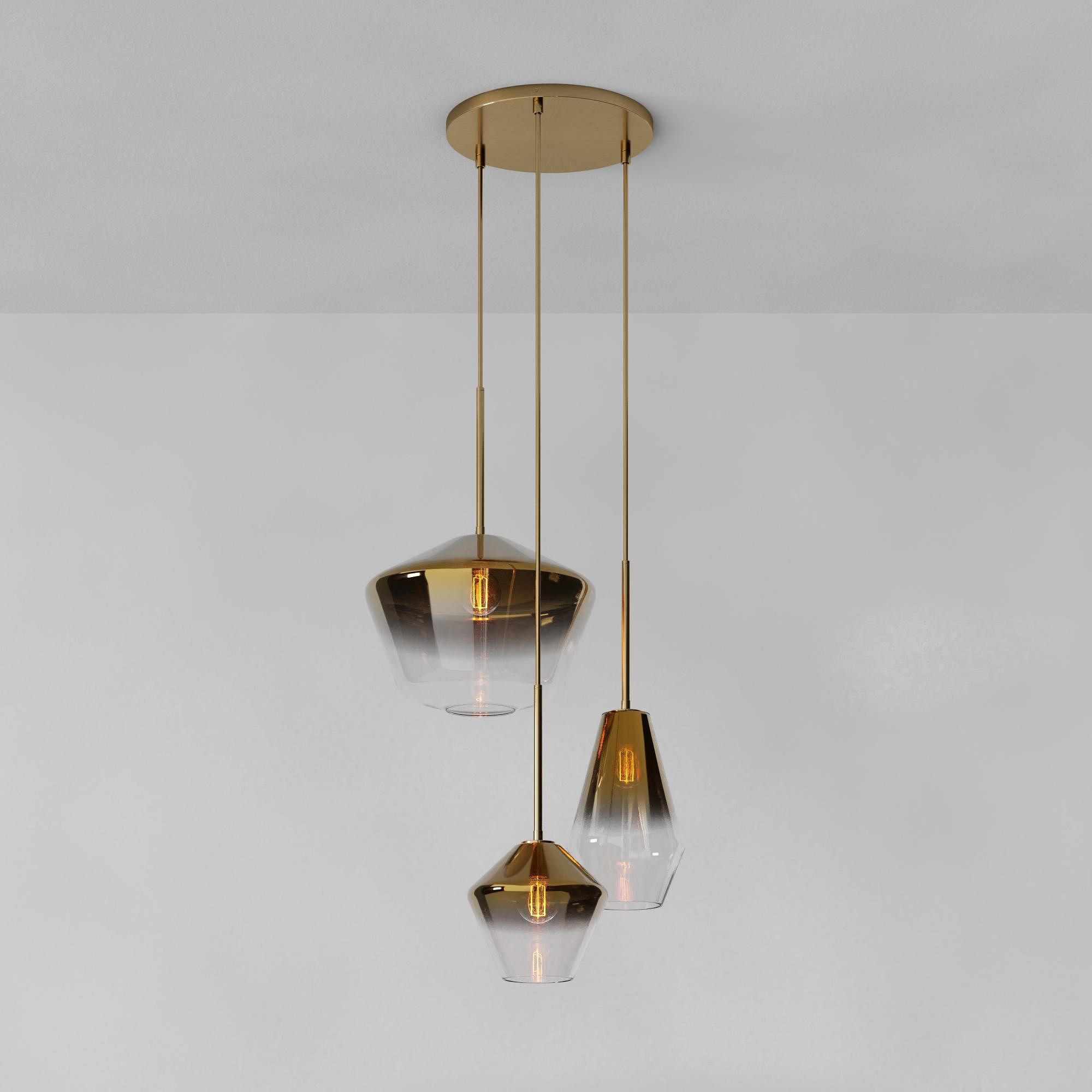 Sculptural 3 Light Chandelier Antique Brass Clear Glass Geo  (8")