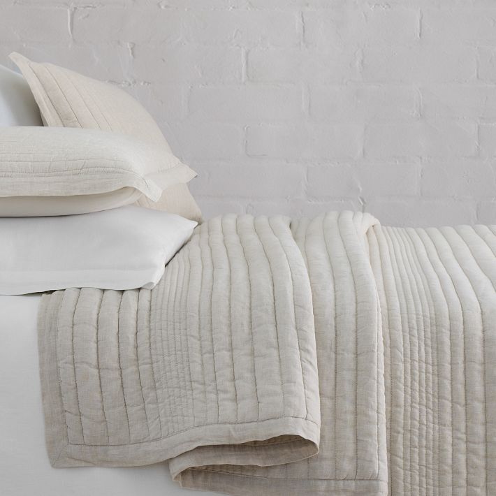 European Flax Linen Linework Quilt & Shams - King, Natural Flax