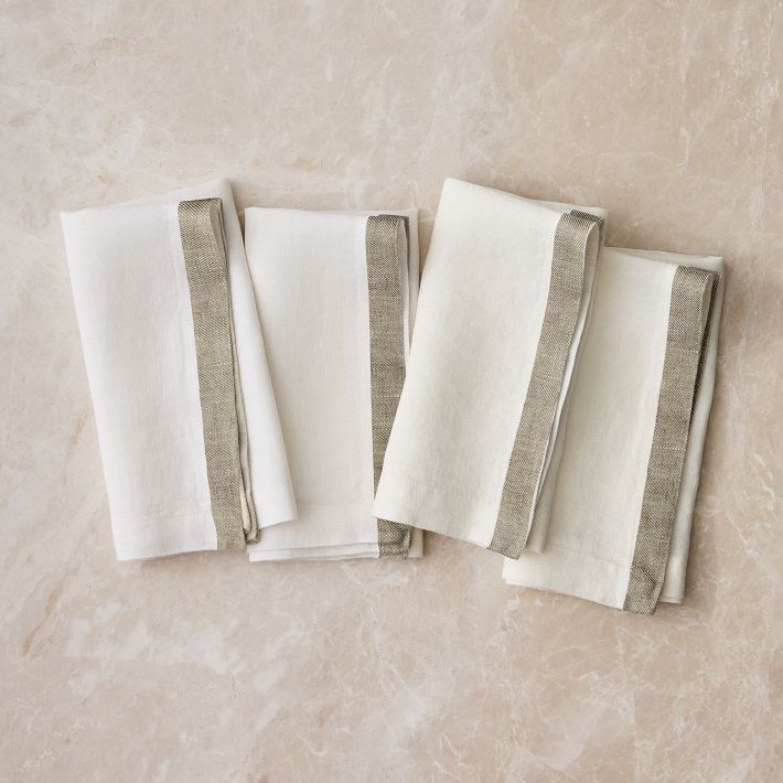 European Linen Contrast Border Napkins - Vetiver Green (Set of 4)