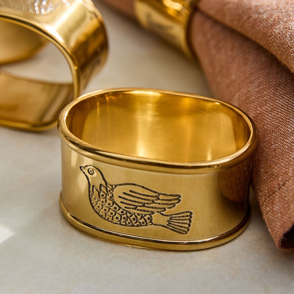 Festive Bird Napkin Ring - Metal, Gold, Set of 4