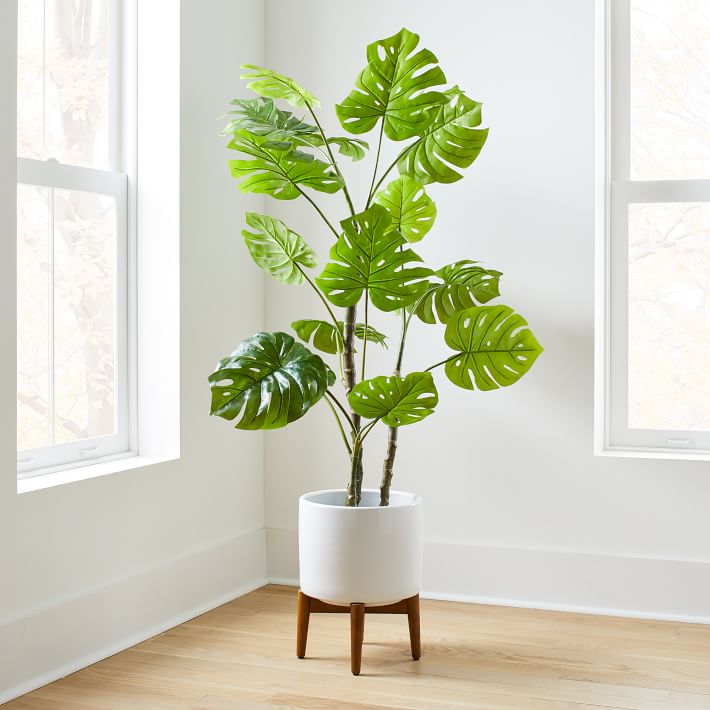 Faux Monstera Plant & Mid-Century Turned Wood Leg Planter Bundle