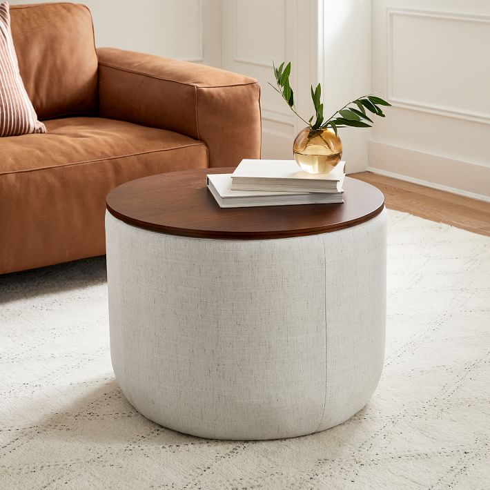 Upholstered Round Storage Ottoman West Elm - Main Image