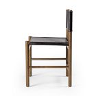 A wooden chair with black leather seat and a vertical rear post design