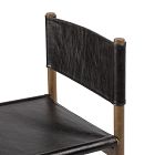 Top edge of a chair back with black leather, showing wooden posts and leather covering