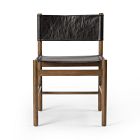 A wooden chair with a black leather back and seat, backrest supported by two horizontal wooden slats
