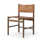 A two-piece seating set including a small wooden chair with tan leather seat and a larger chair, both with wooden frames