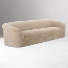 Full view of a beige upholstered sofa with rounded edges on a white background.