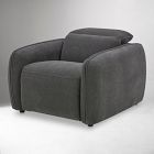 A dark gray sectional armchair with rounded arms and short legs.