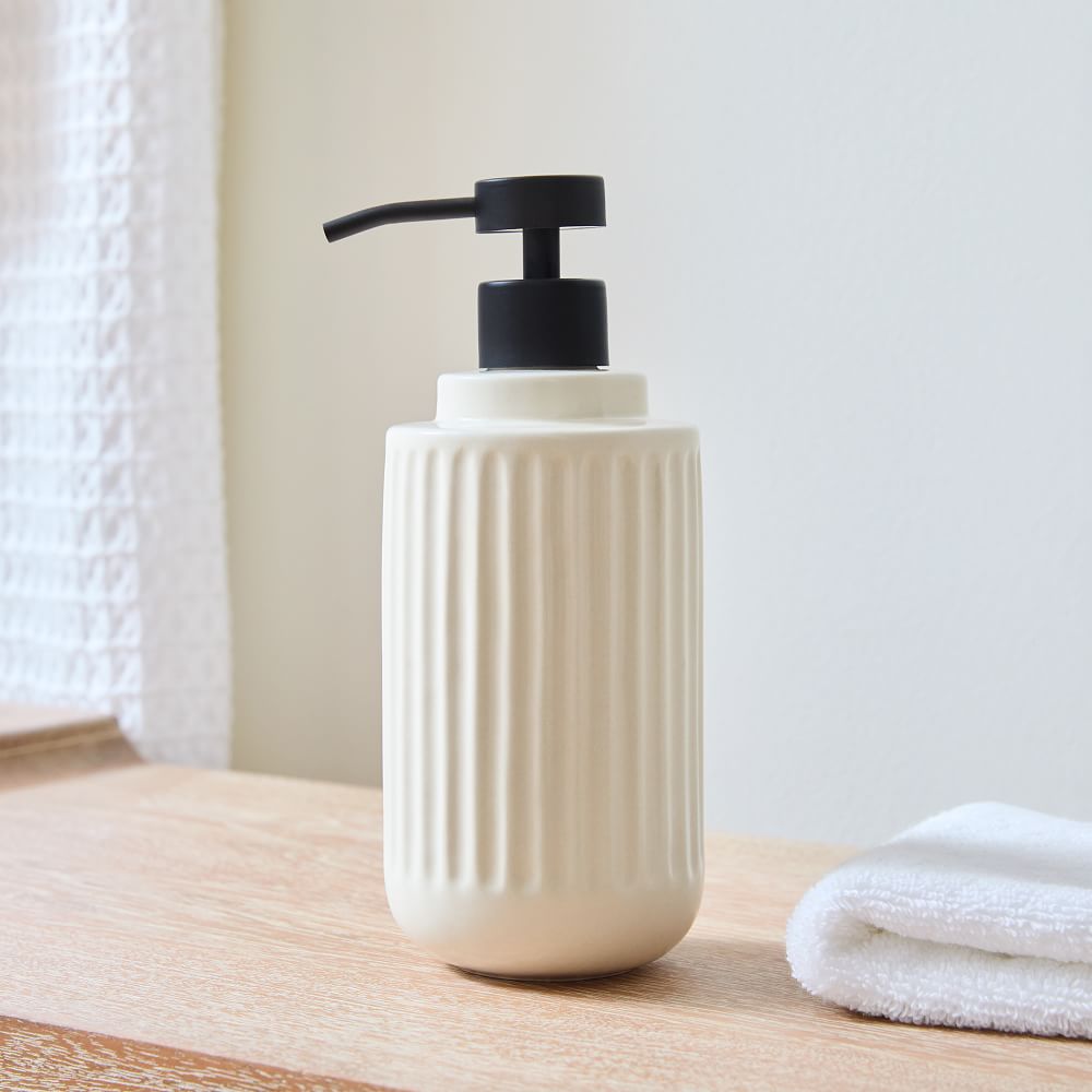 Carved Ceramics Bath Accessories - Cream, Soap Pump