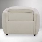 Back view of a white upholstered armchair with headrest and rounded arms.