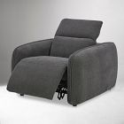 A dark gray recliner chair with footrest extended and headrest, showing reclined mechanism.
