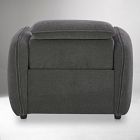 The back of a cream-colored armchair with a visible headrest and curved arms.