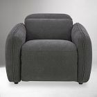 A gray upholstered armchair with rounded arms and a padded backrest.