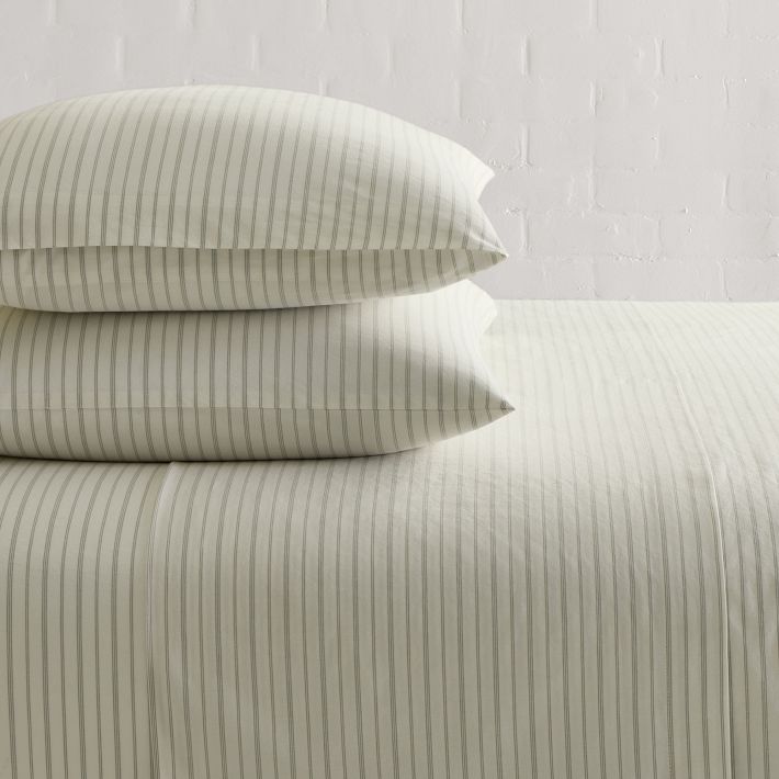 Organic Washed Cotton Percale Sheet Set - King Size Sheets - Vetiver Green Multi-stripe Color