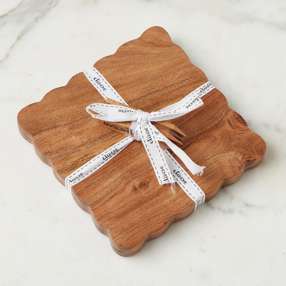 Scalloped Wood Cheese Board w/ Cheese Marker - Small, Natural