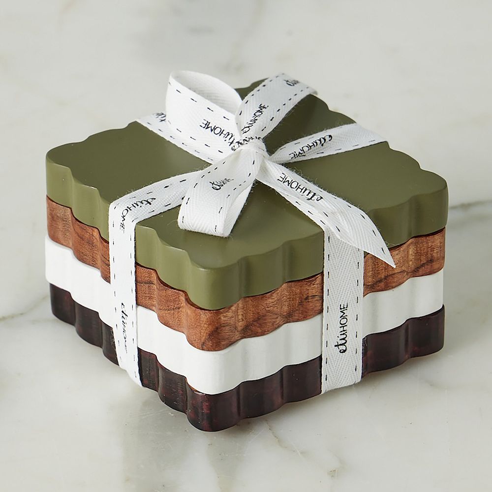 Scalloped Wood Square Coasters (Set of 4) - Square, Set of 4, Vineyard Colors