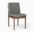 Single gray upholstered dining chair with wooden legs