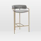 Open Box: Lenox Upholstered Counter Stool, Performance Distressed Velvet, Mineral Gray, Blackened Brass