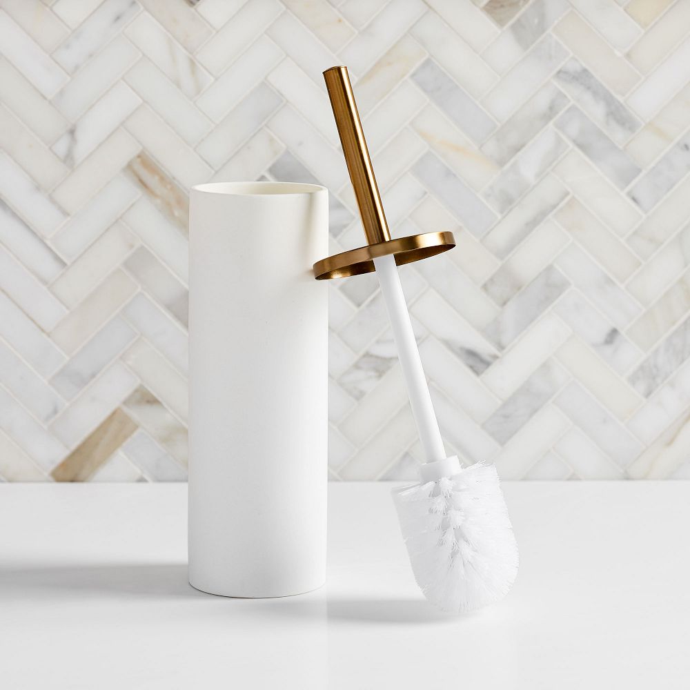 Modern Resin Stone Toilet Brush Holder - White & Antique Brass