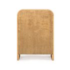 The top surface of a light wood dresser with rounded corners and a white background