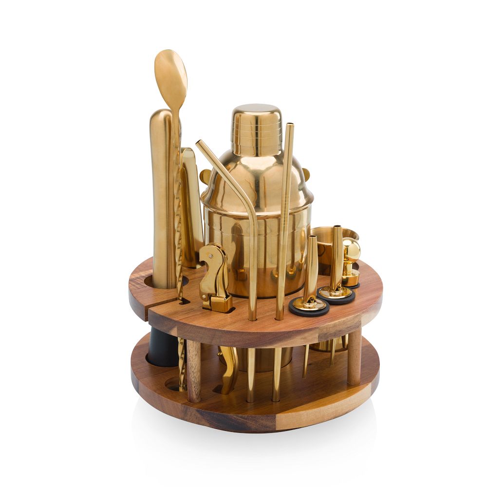 Lazy Susan Bar Tools Set - Acacia Wood with Gold Accents