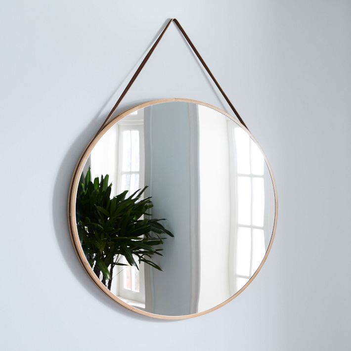 Leather Strap Wooden Wall Mirror/Round Hanging Mirror ( White , 50 Dia )- M31W | UK